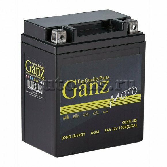 Аккумулятор GANZ мото AGM 7 А/ч Обратная 114x71x131 EN170 А GTX7L-BS